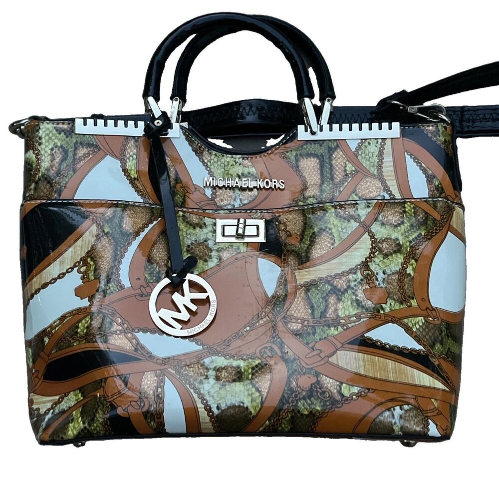Patent Leather Double Handle Boutique Style Handbag w/ Snake, Chain & Link print